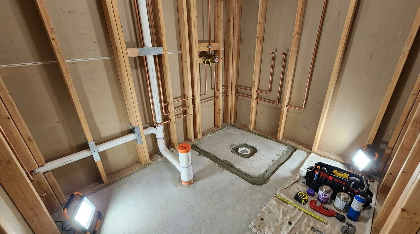 Bathroom rough-in plumbing during remodel by Johns Plumbing LLC in Baldwyn