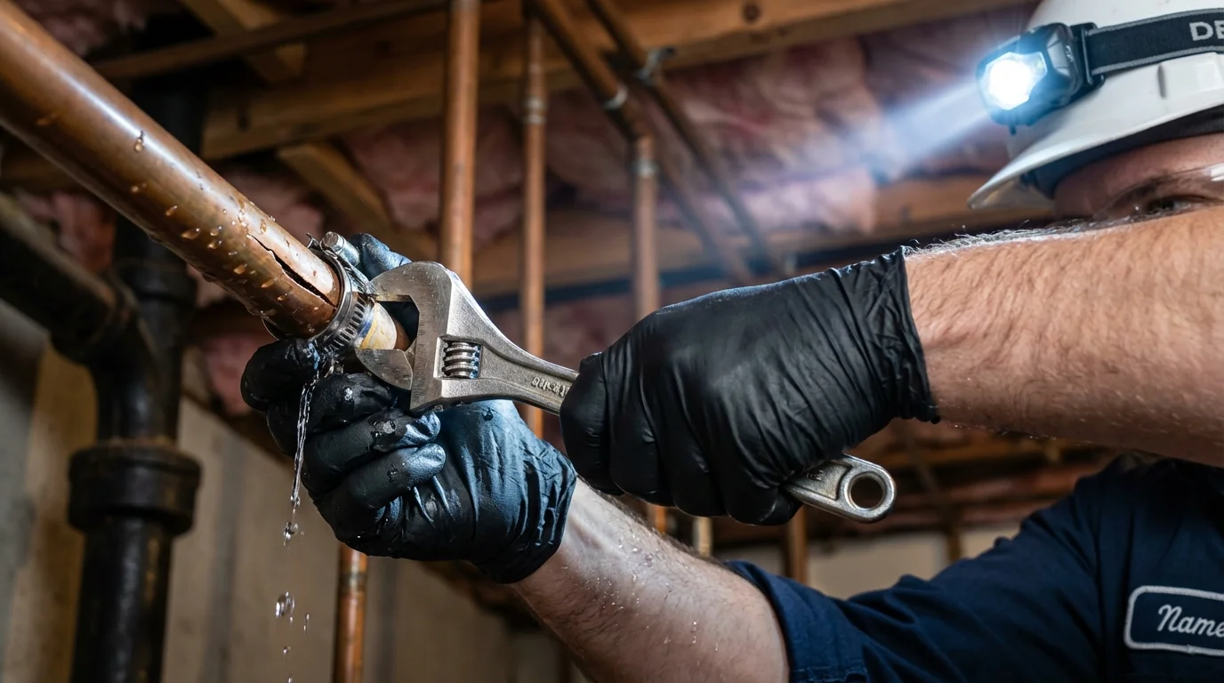 Emergency pipe clamp repair being performed by a Johns Plumbing LLC plumber in Baldwyn