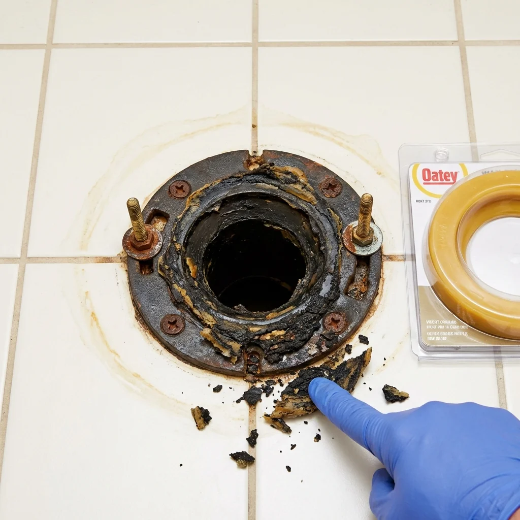 Failed wax ring showing water seepage at the base of a toilet in a Baldwyn, MS home