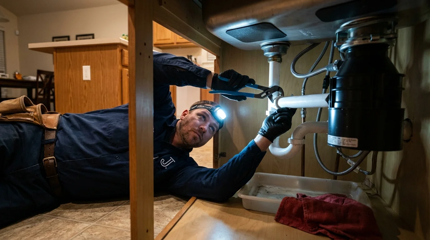 P-trap and supply line connections under a kitchen sink showing a common leak point in Baldwyn, MS
